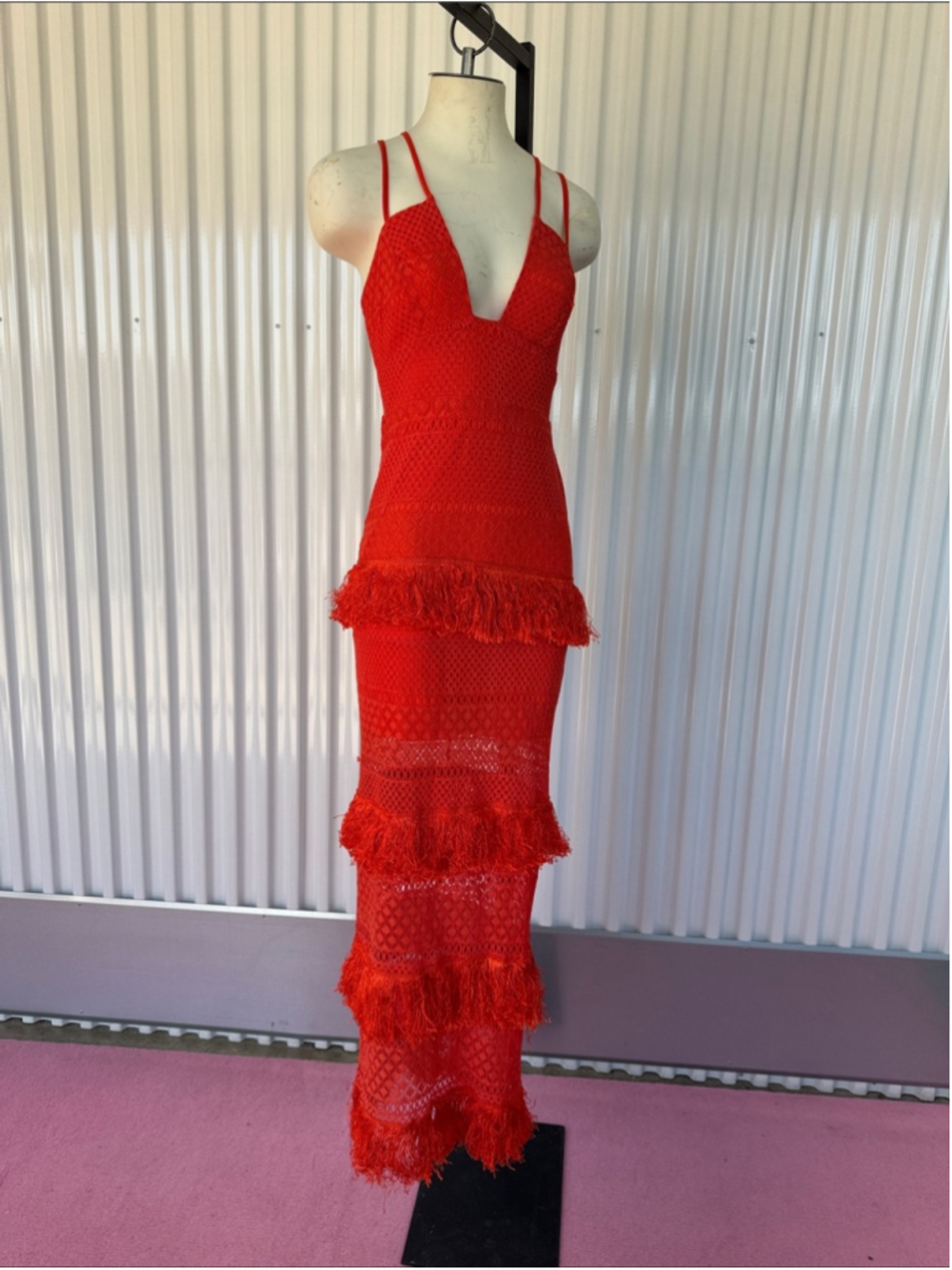 Boohoo Orange/Dark Peach Spaghetti Straps Lace Fringe Maxi Dress